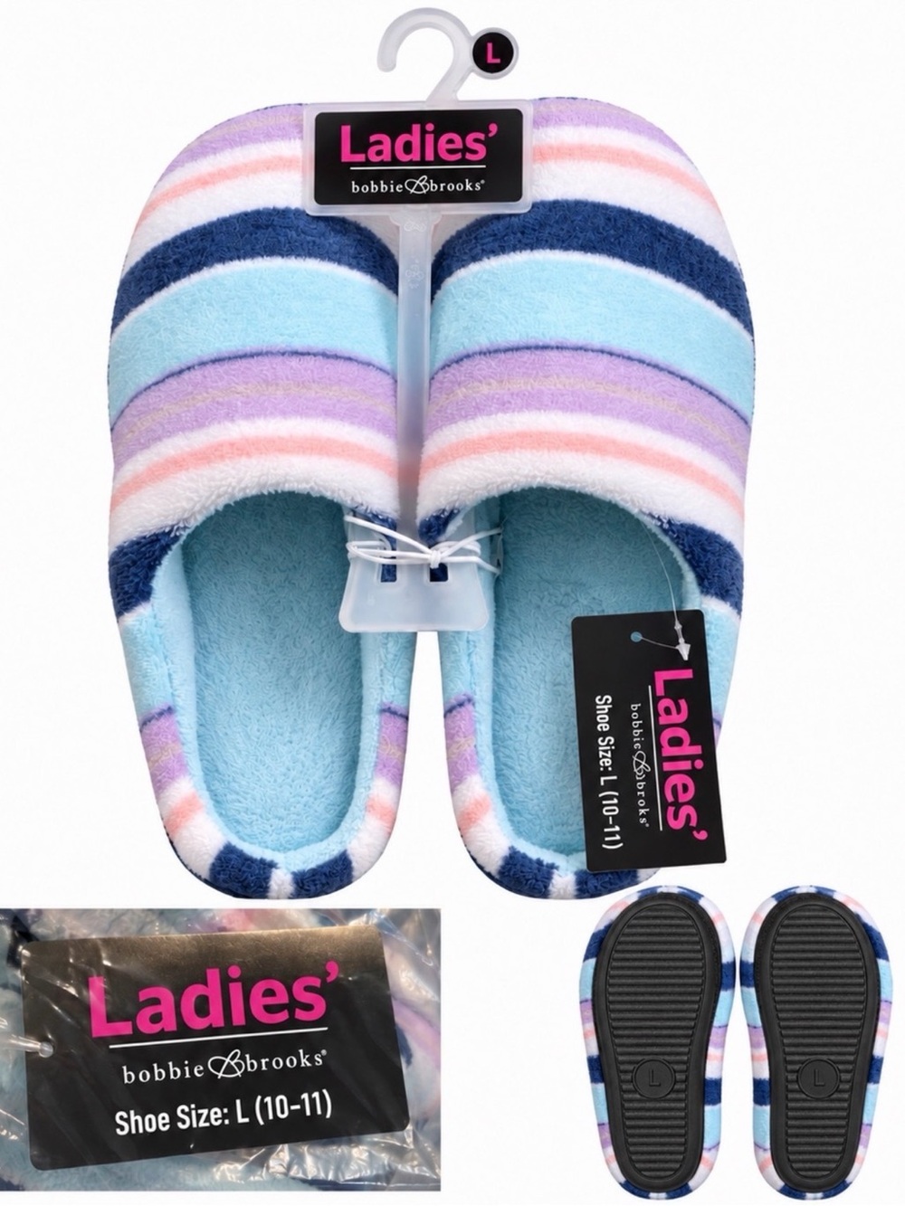 Bobbie Brooks Ladies' Pastel Striped Plush Slippers - Light Blue/Purple